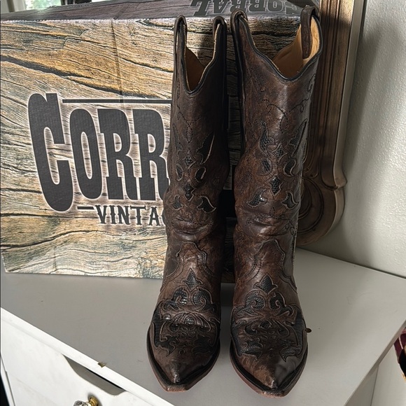 Corral Vintage Brown Lizard Inlay Pointed Toe - Picture 2 of 12